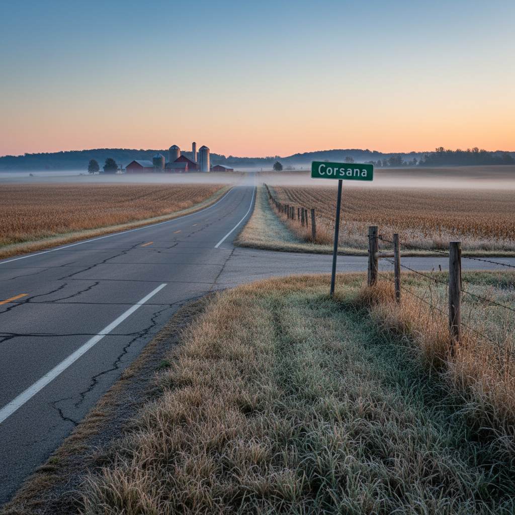 A quiet rural Wisconsin crossroads at dawn, captured with photographic realism: a two-lane asphalt road bordered by frost-tipped prairie grass, fading into gentle, tree-lined hills. A solitary green road sign reads “Corsana” in understated white lettering, slightly weathered, standing beside a rustic wooden fence. Low, cool blue morning light is just beginning to warm along the horizon, softening the edges of barns and silos in the distance. A delicate ground fog lingers over a nearby cornfield, adding depth and mystery. Shot from a low, slightly off-center angle with the road leading into the frame via the rule of thirds, the mood is calm, contemplative, and quietly sophisticated, hinting at stories rooted in rural Wisconsin.
