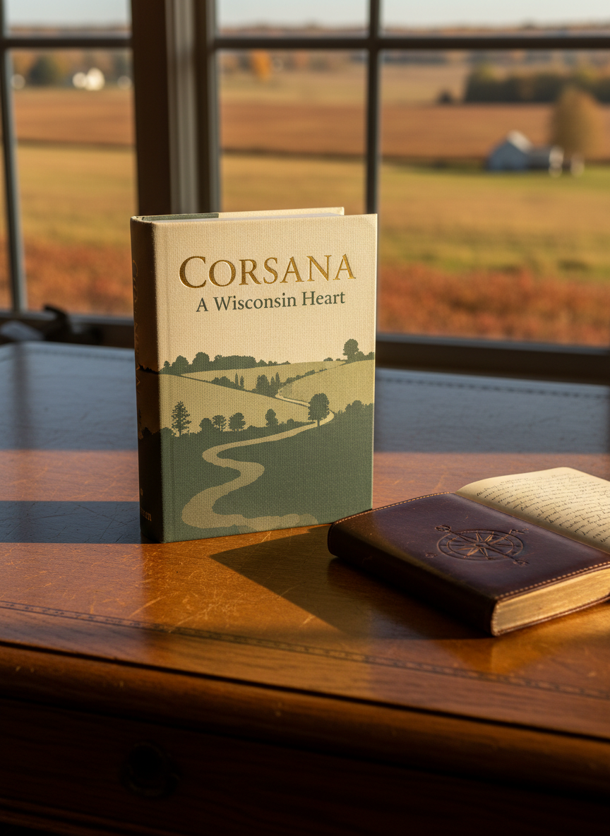 A well-worn hardcover novel titled “Corsana: A Wisconsin Heart” rests on an antique oak writing desk, its linen-textured dust jacket featuring a subtle silhouette of rolling Wisconsin farmland and a winding river. Beside it lies a small, embossed leather journal partially open, revealing neat handwritten notes. Outside a nearby mullioned window, an out-of-focus patchwork of autumn fields and distant tree lines suggests rural Wisconsin. Late afternoon golden light pours across the desk, catching in the book’s raised foil title and casting long, dignified shadows. Photographed at eye level with a shallow depth of field, the focus rests sharply on the book’s spine, creating a sophisticated, photographic realism suited to a literary portfolio homepage.